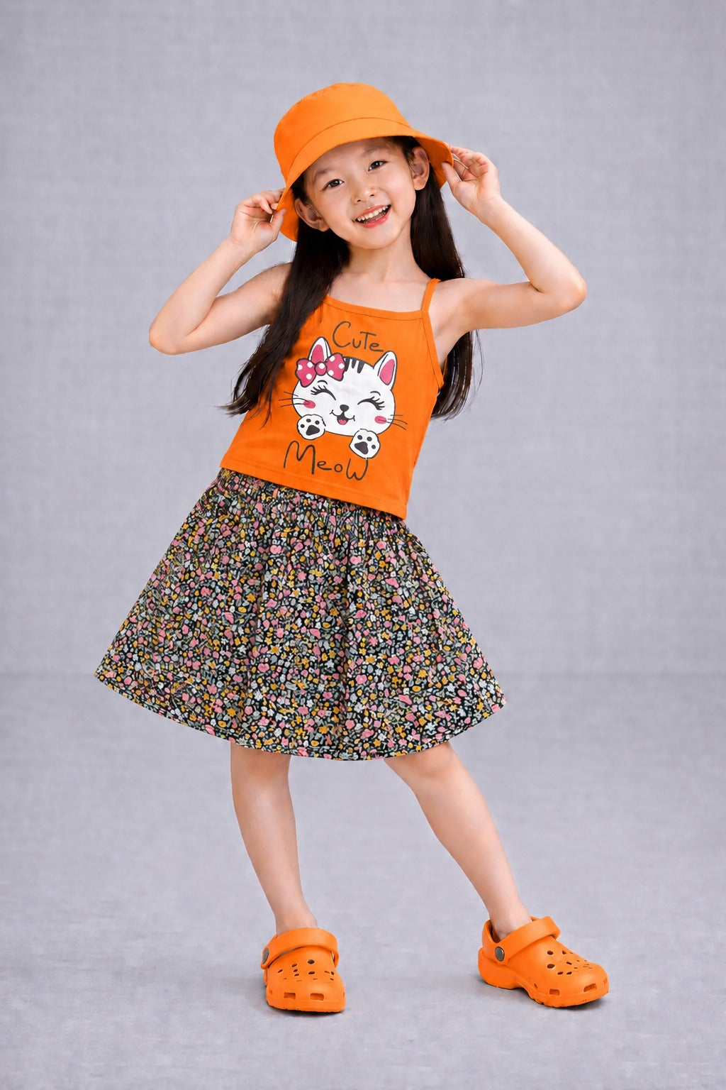 [Cute Meow] Printed Orange Girls Top & Skirt