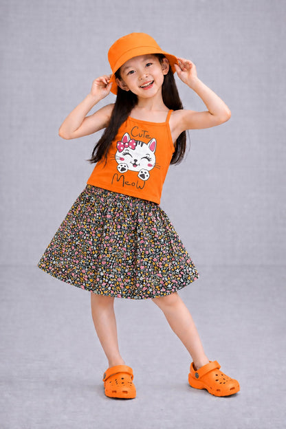 [Cute Meow] Printed Orange Girls Top & Skirt