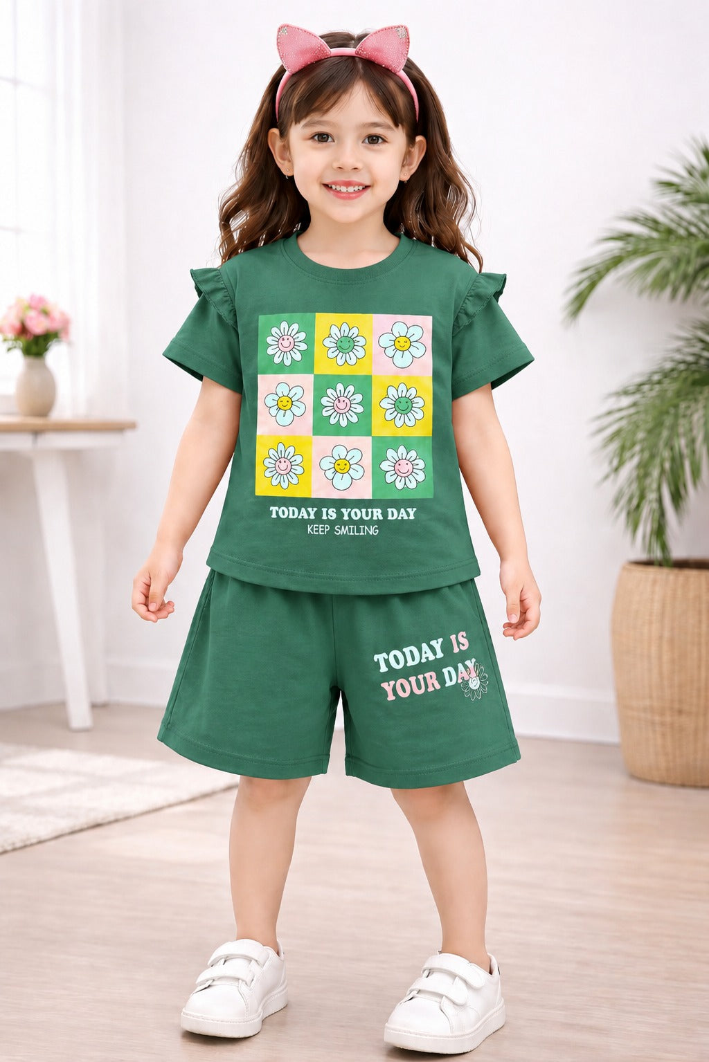 Flowers Printed Green  Girls Nicker Suit 273