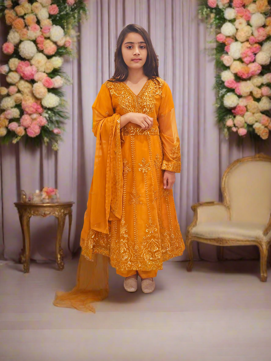 Three-piece Orange Fancy Chiffon Frock