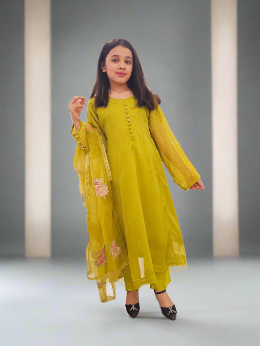 Three-piece Chiffon Greenish Yellow Suit
