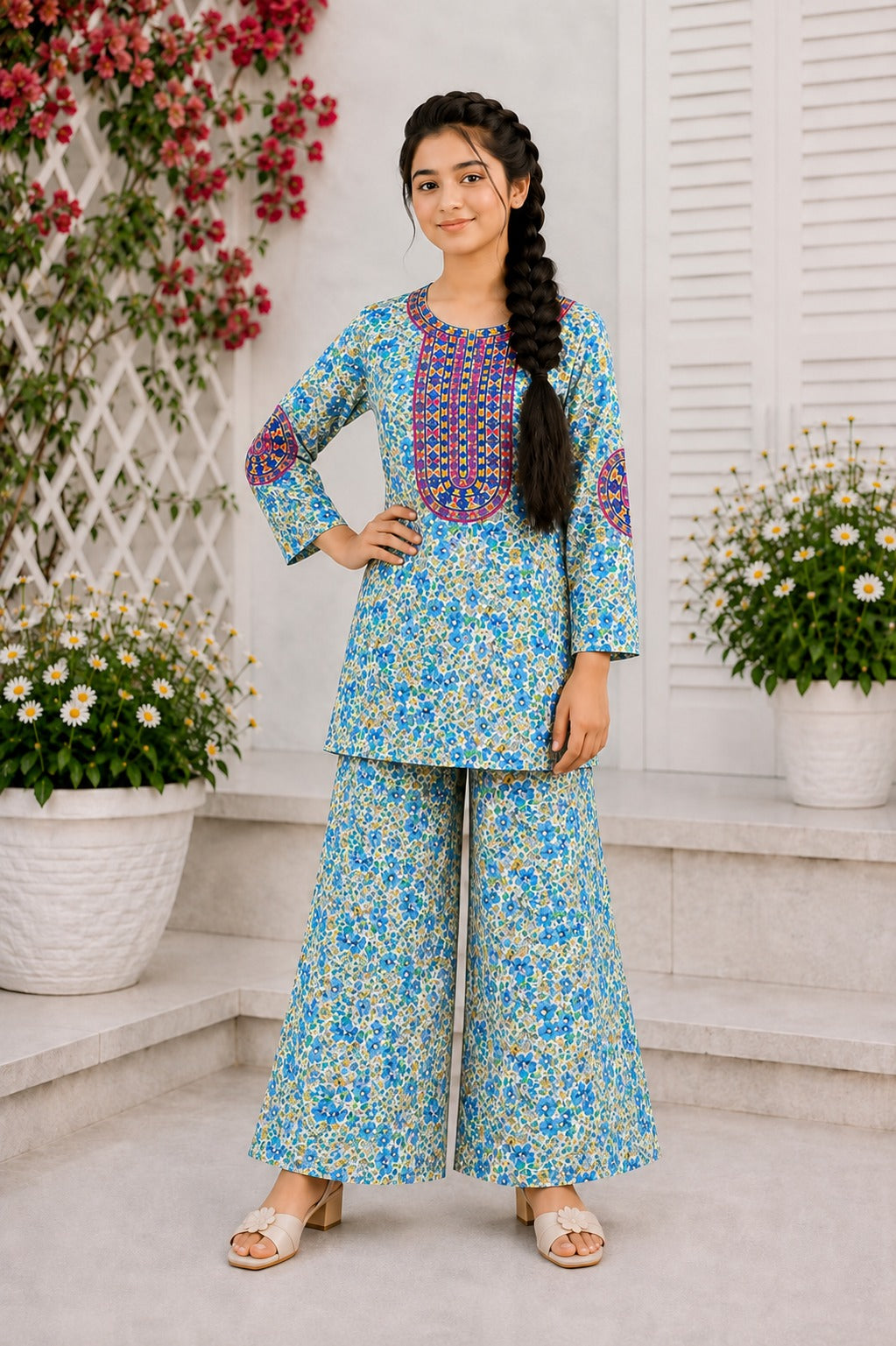 Rose Bloom Neckline Embroidered Light Blue Girls’ Soft Lawn Suit