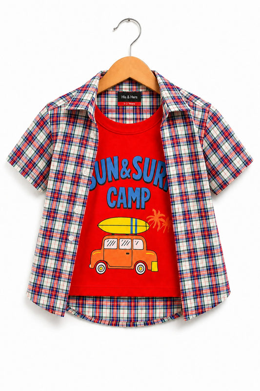 Red  Checked [Sun& Serf ] Printed   Layered Casual Shirt