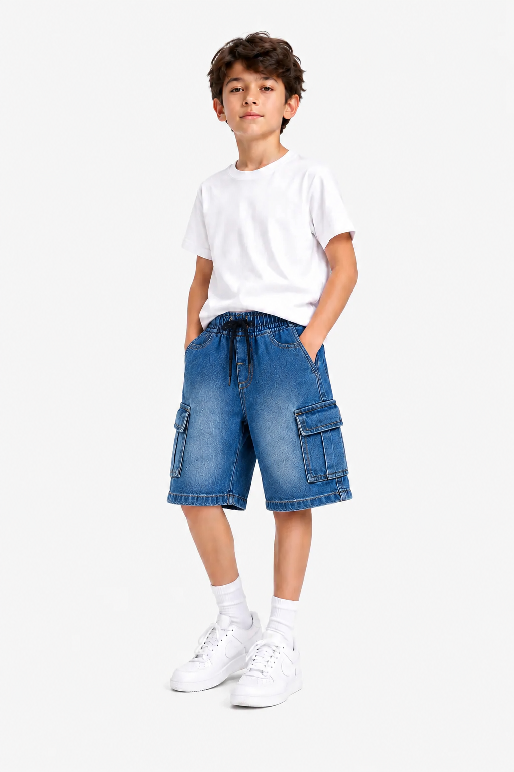 6 Pocket Cargo Denim Boys Shorts - Mid Blue Color 267