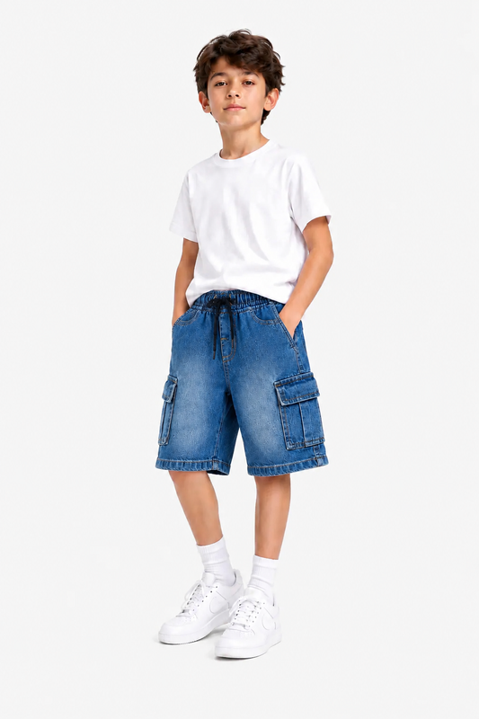 6 Pocket Cargo Denim Boys Shorts - Mid Blue Color 267
