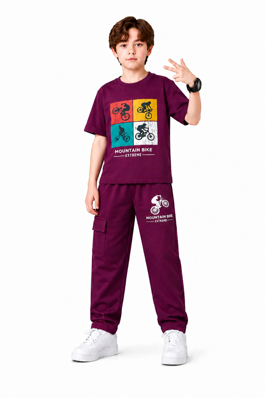 [Mountain Bike ]Printed Maroon  Boys T-Shirt & Trouser 263