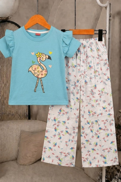 Pink Flamingo Printed White Girls T-shirt & Cotton Flapper