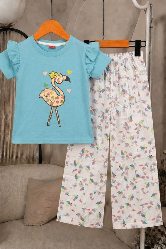 Pink Flamingo Printed White Girls T-shirt & Cotton Flapper