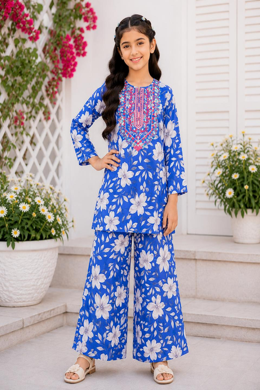 Rose Bloom Neckline Embroidered   Purple Soft Lawn Girls’ Suit 409