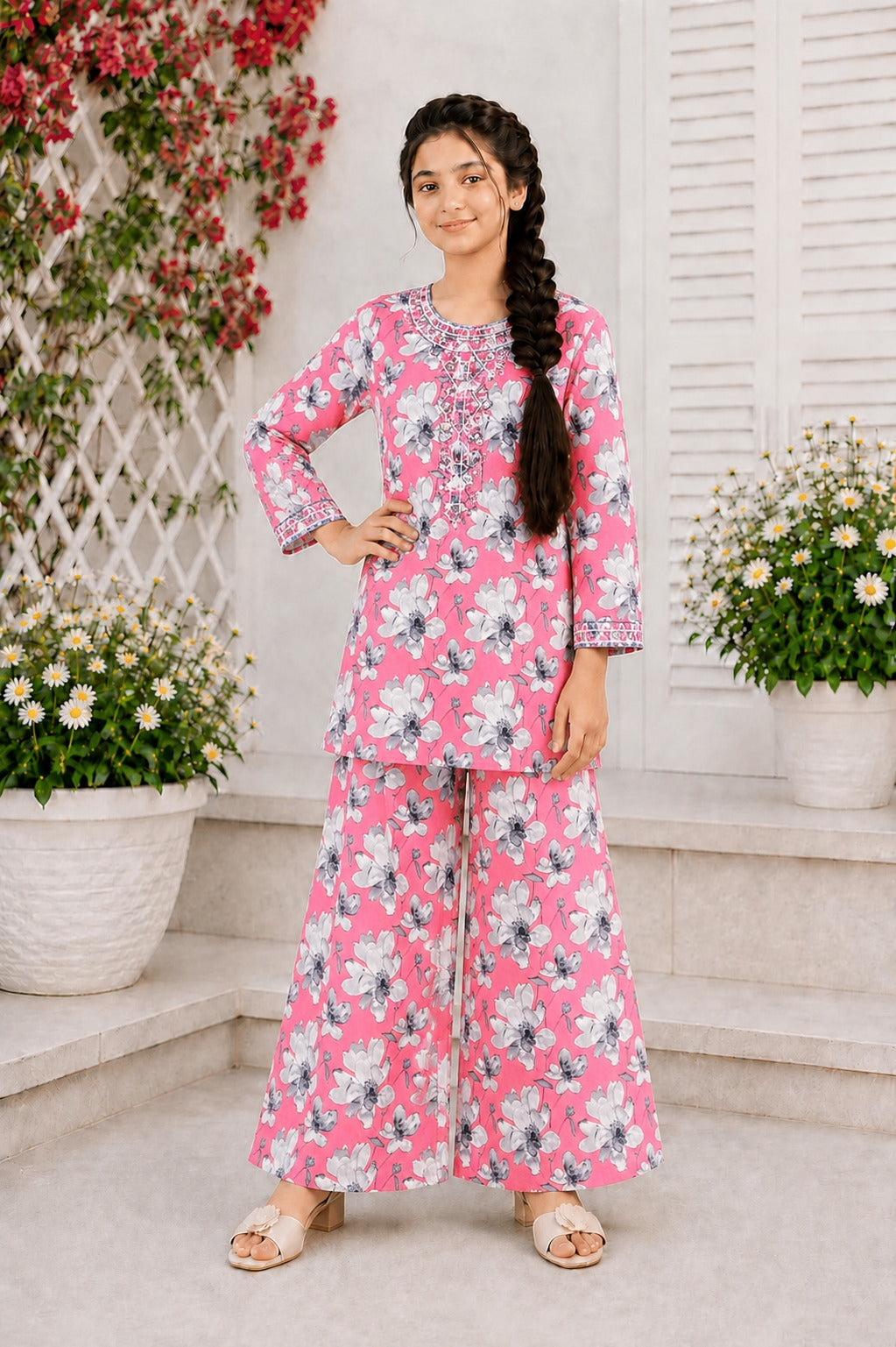 Rose Bloom Neckline Embroidered Pink  Girls’ Soft Lawn Suit