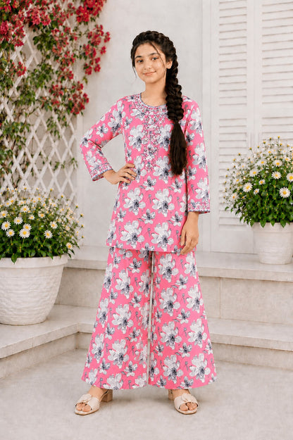 Rose Bloom Neckline Embroidered Pink  Girls’ Soft Lawn Suit