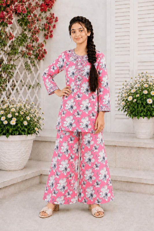 Rose Bloom Neckline Embroidered Pink  Girls’ Soft Lawn Suit