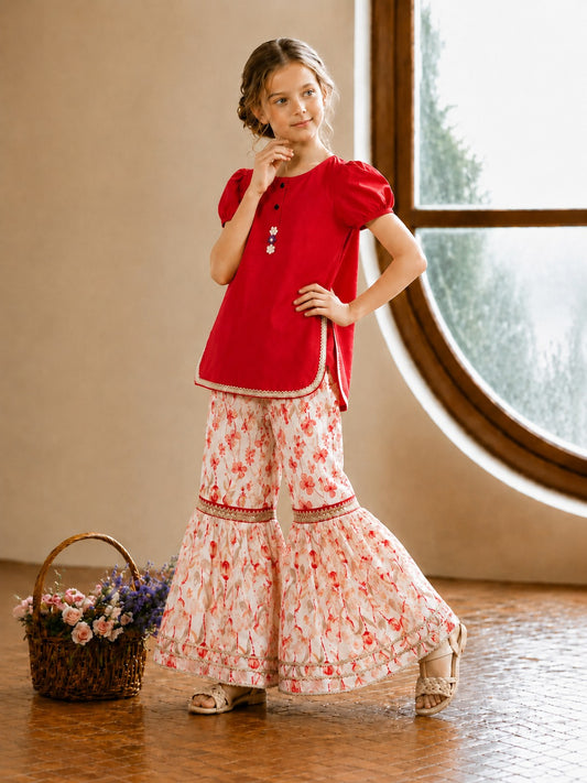 Red Petal Half Sleeves Girls Cotton Garara Suit 421