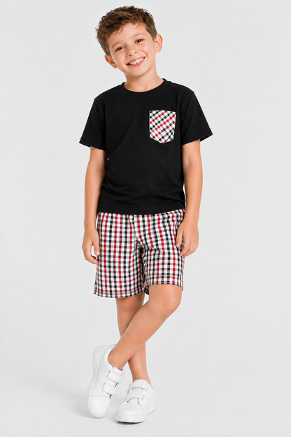 Red & Black  Check Pocket Black Cotton Boys Nicker 219