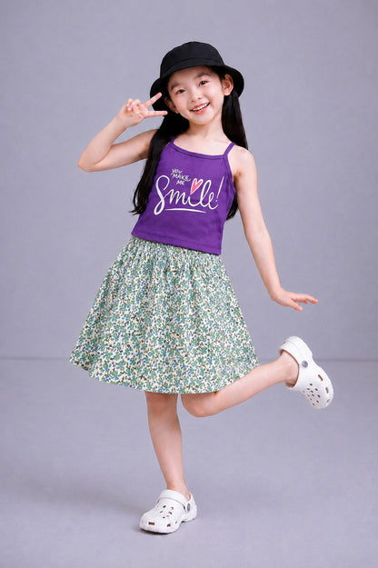 [Smile] Printed Purple  Girls Top & Skirt