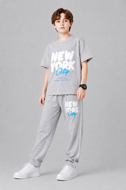 White [New York ] Printed Grey T-Shirt &Trousers Boys