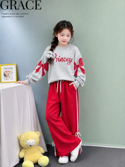 [Princess ] Printed Red & Grey  Fleece T-Shirt & Trouser