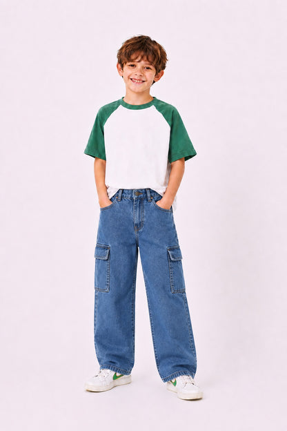Boys Baggy Cargo Jeans - Mid   Blue 217