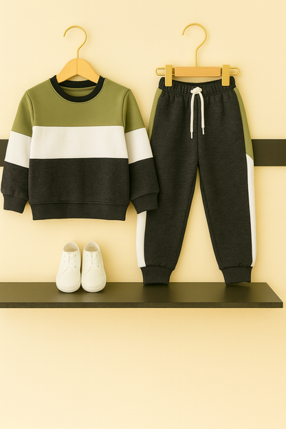 Kids Color Block Fleece Tracksuit – Olive, White & Charcoal 521