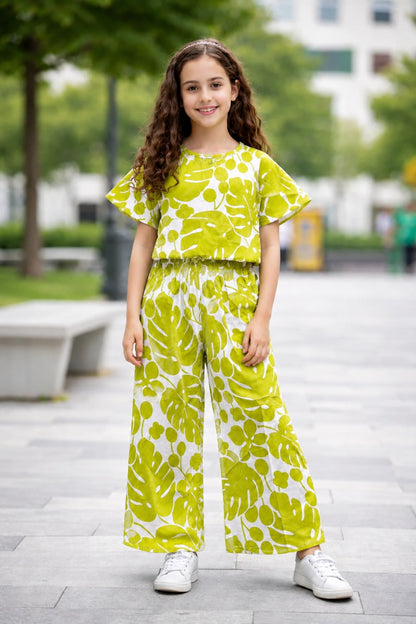 Leaves Printed Mustard Cotton Girls Co-Ord Set
