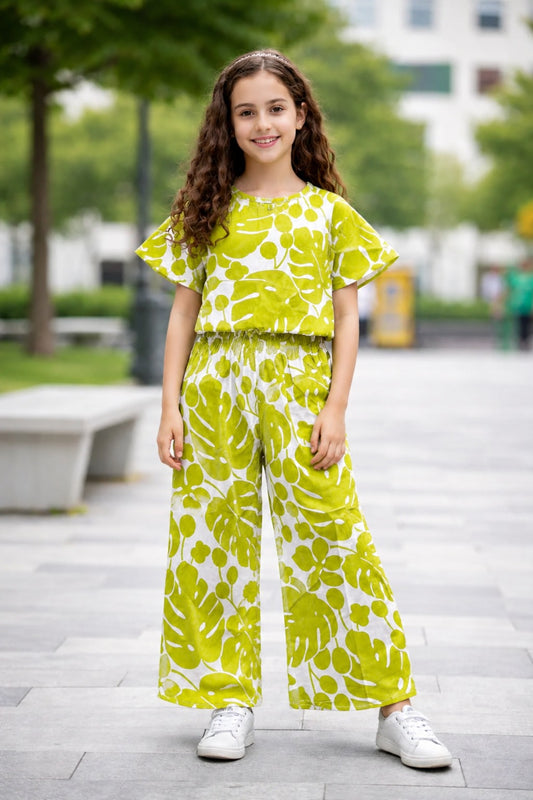 Leaves Printed Mustard Cotton Girls Co-Ord Set