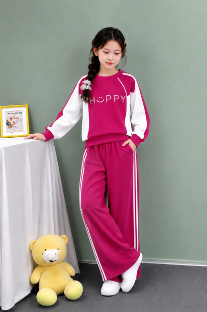 [Happy ] Printed Pink & White Fleece Girls Tracksuit