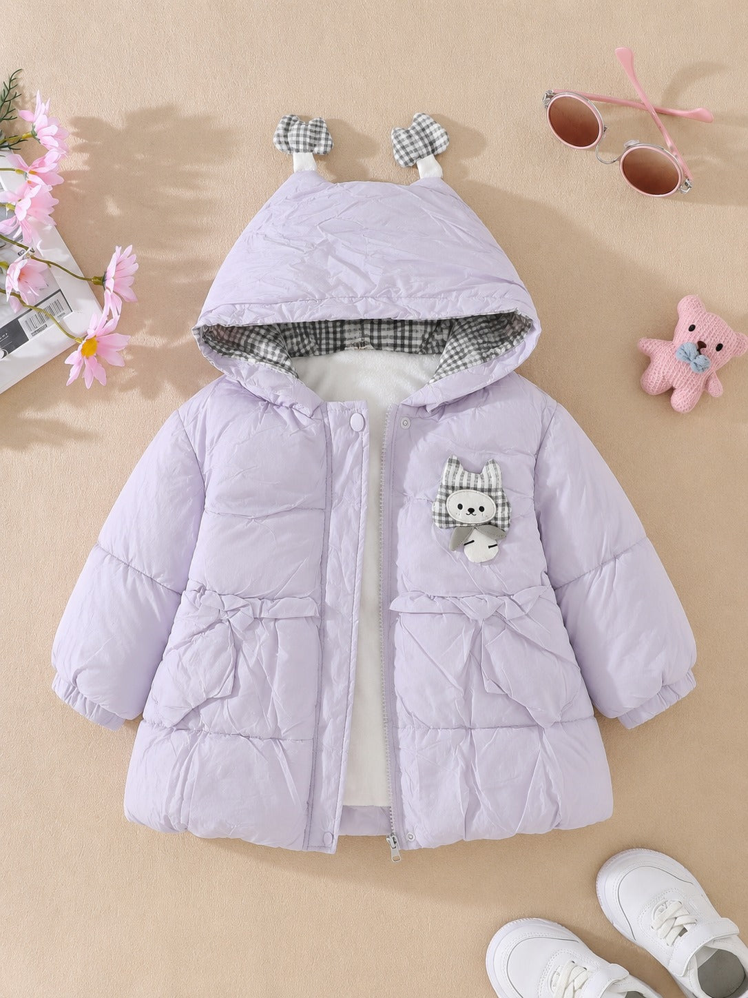 Lilac Kitty Bow Light Lavender Grey Puffer Jacket 116