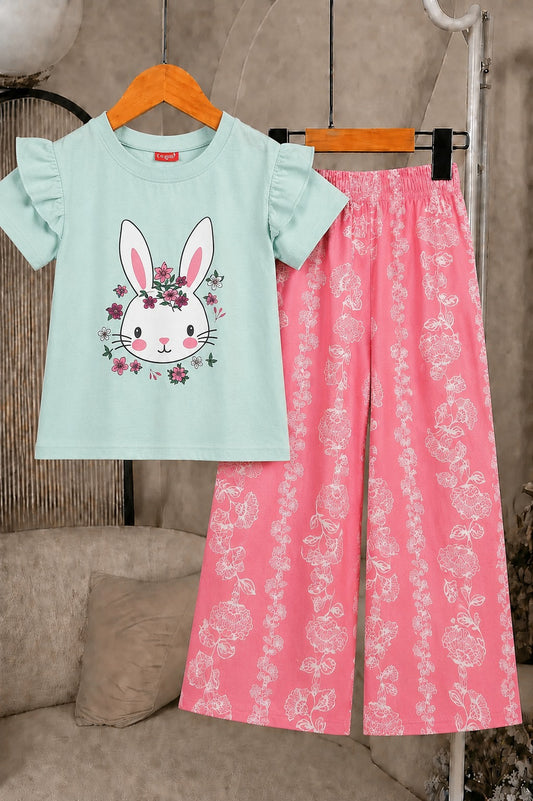White Bunny Printed Light Blue Girls T-Shirt &Cotton Flapper