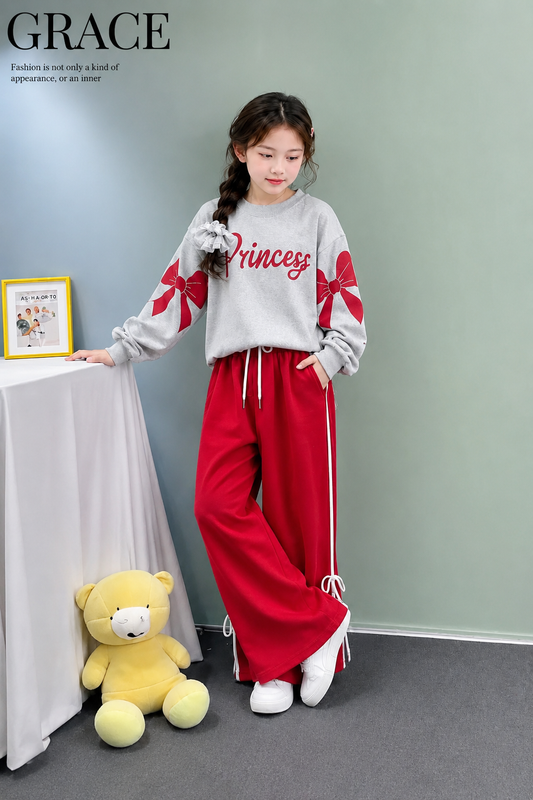 [Princess ] Printed Red & Grey  Fleece T-Shirt & Trouser