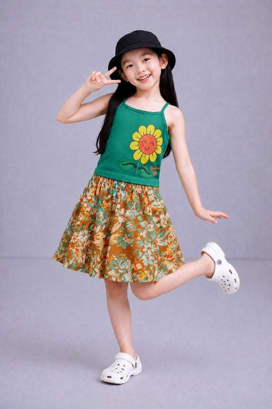 SunFlower Printed  Light Green   Girls Top & Skirt 251