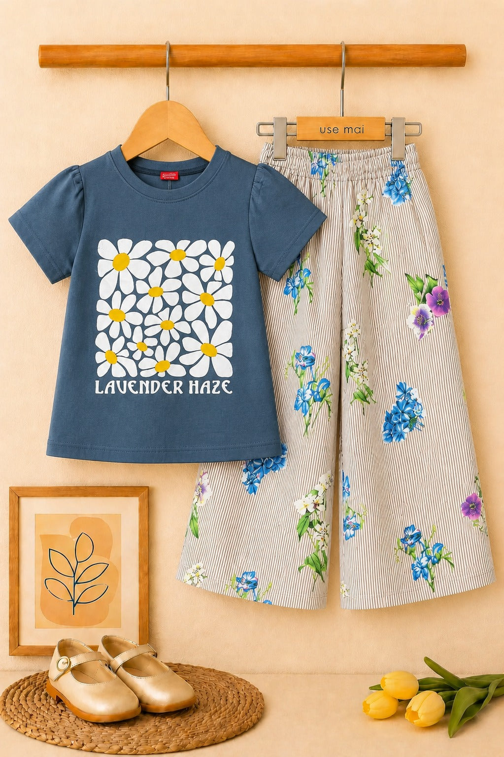 [Flowers ] Printed Dusty Blue Girls  T-shirt & Cotton Flapper