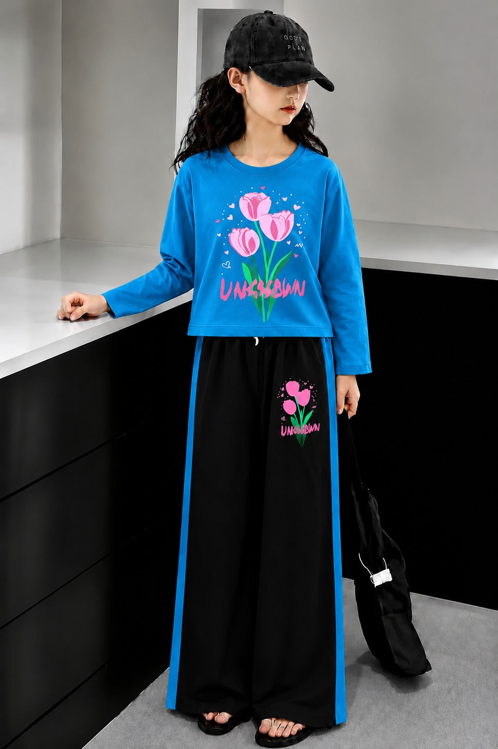 [Flowers] Printed Blue  Selves Baggy Track Suit Girls