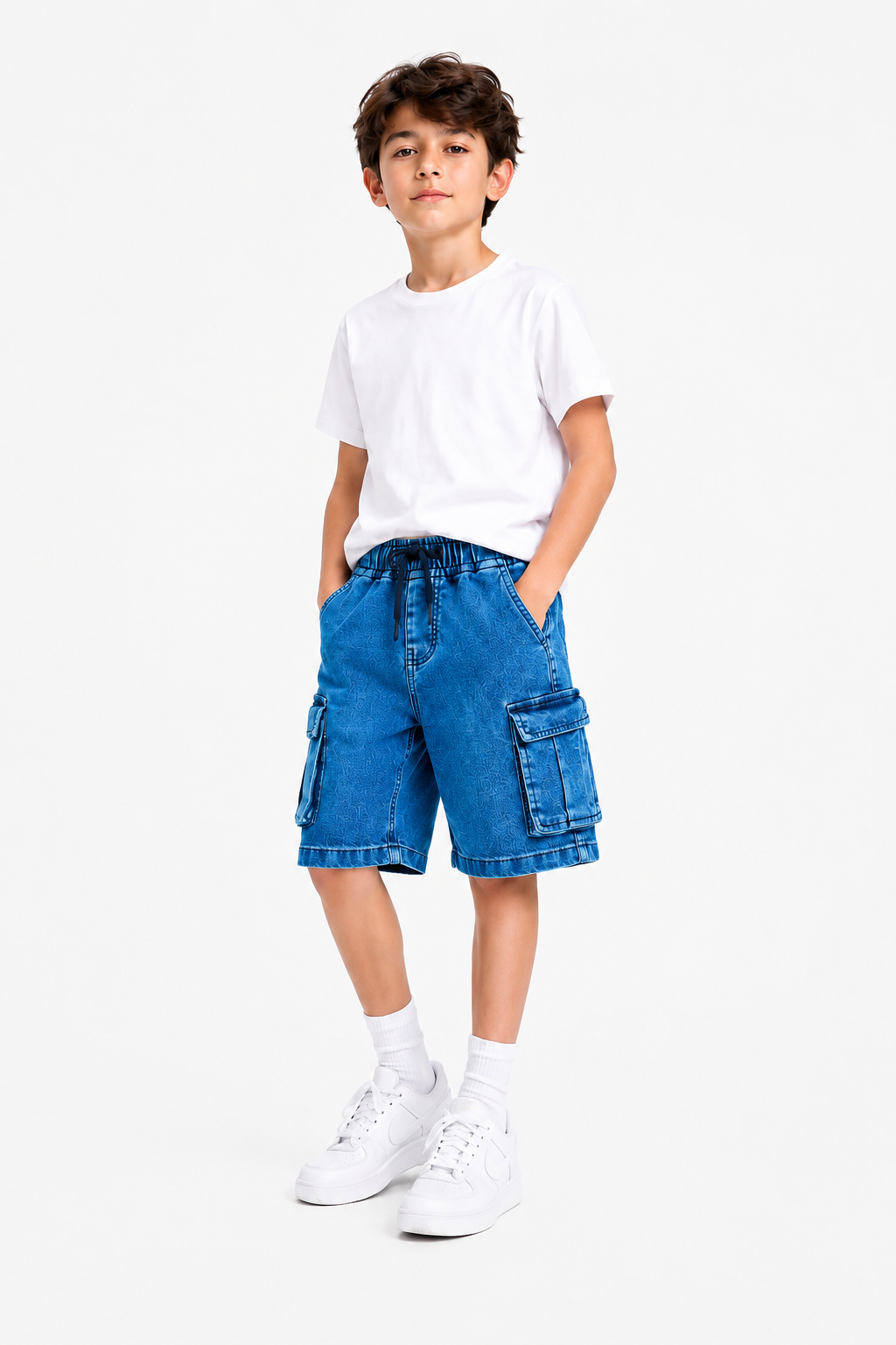 6 Pocket Cargo Denim Boys Shorts -Mid Blue Color