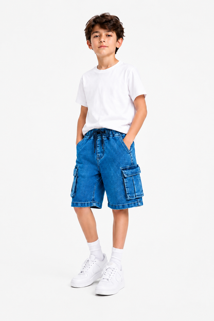 6 Pocket Cargo Denim Boys Shorts -Mid Blue Color