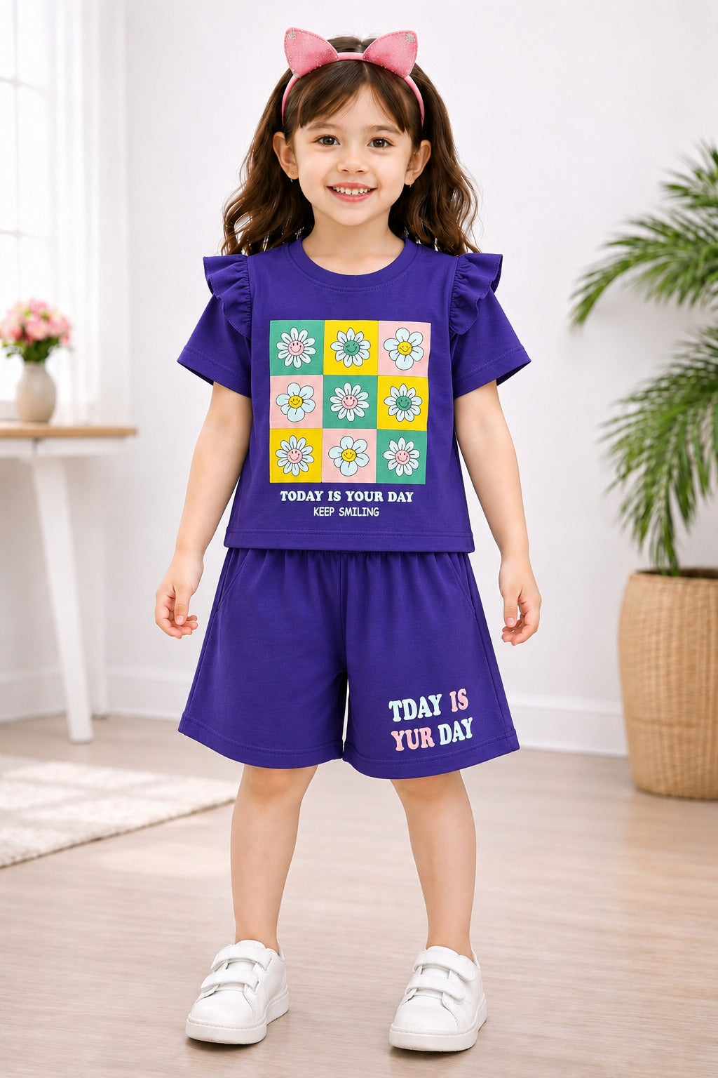 Flowers Printed Purple Girls Nicker Suit