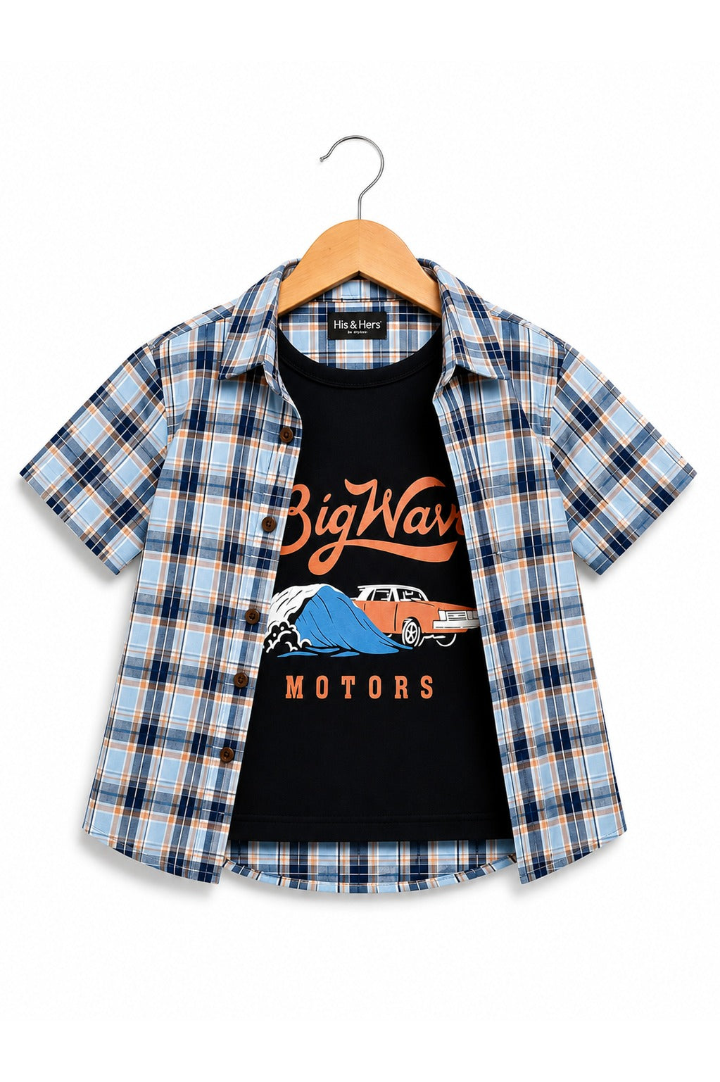 Blue Checked [Big Wave] Printed  Layered Casual Shirt