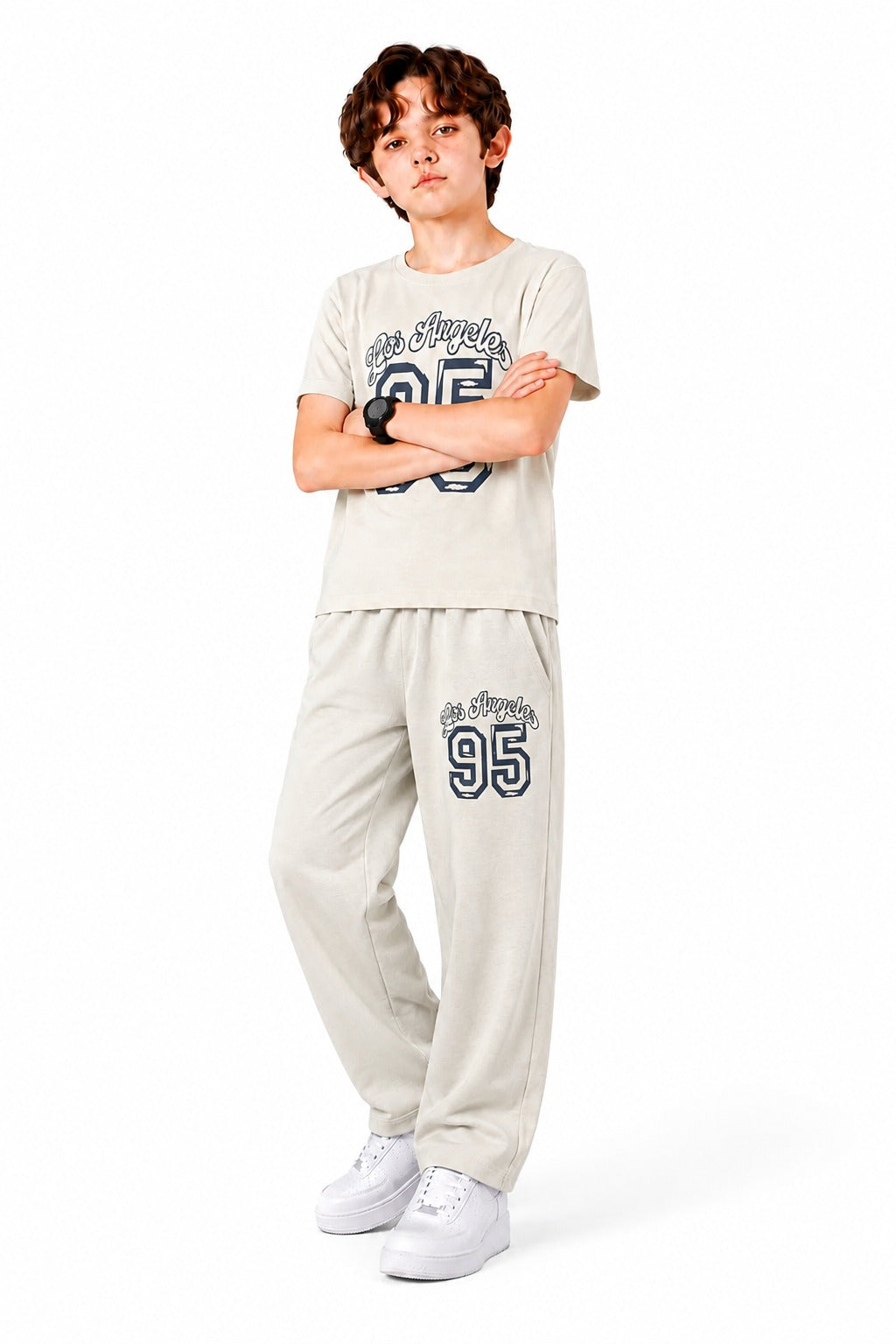 [Los Angeles ]Printed Oatmeal Boys T-Shirt &Trousers