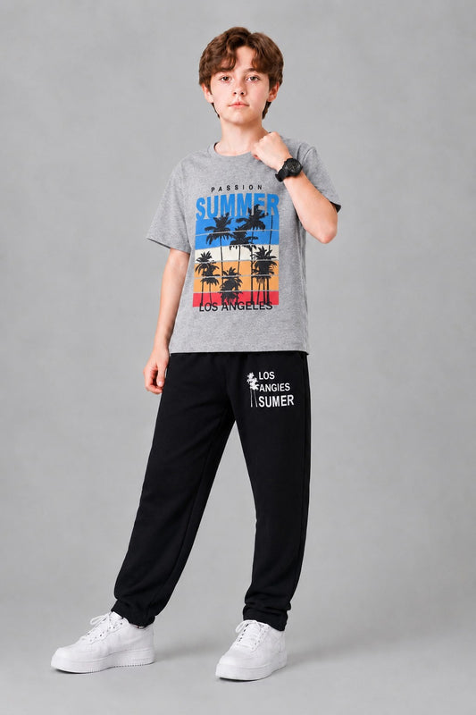 Summer Vibes Printed Grey Boys T-Shirt & Trouser 730