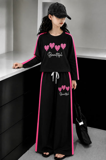 Hearts Printed Black Full Selves Baggy Track Suit