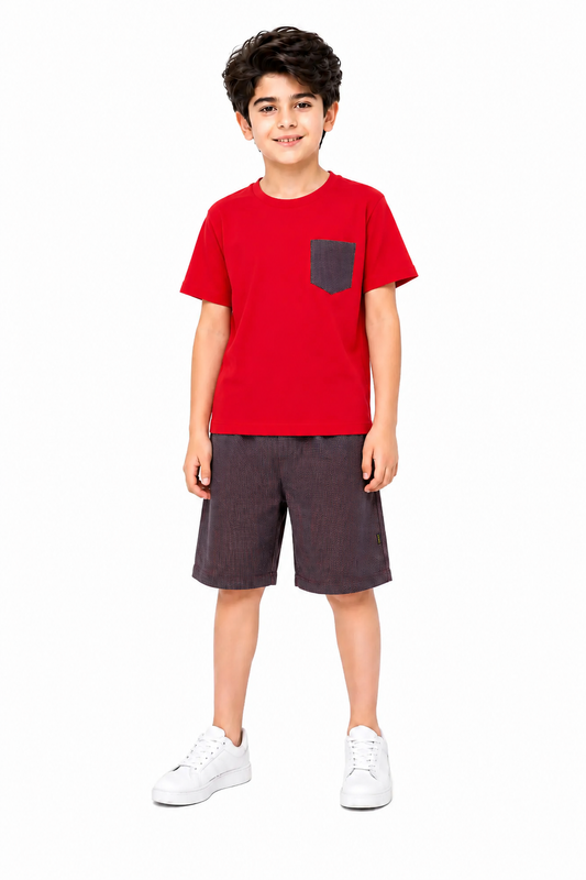 Red & Black  Check Pocket Red Cotton Boys Nicker 420