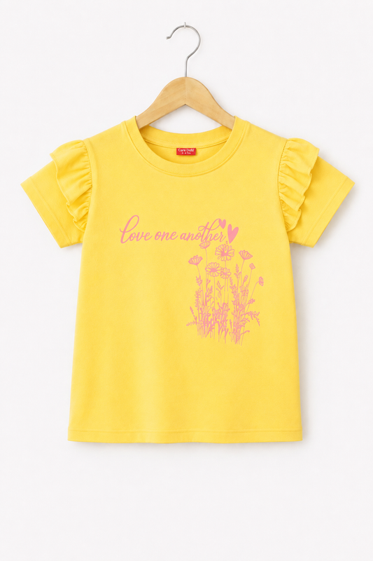 [Love one another ] Printed  Yellow  Girls T Shirt 275