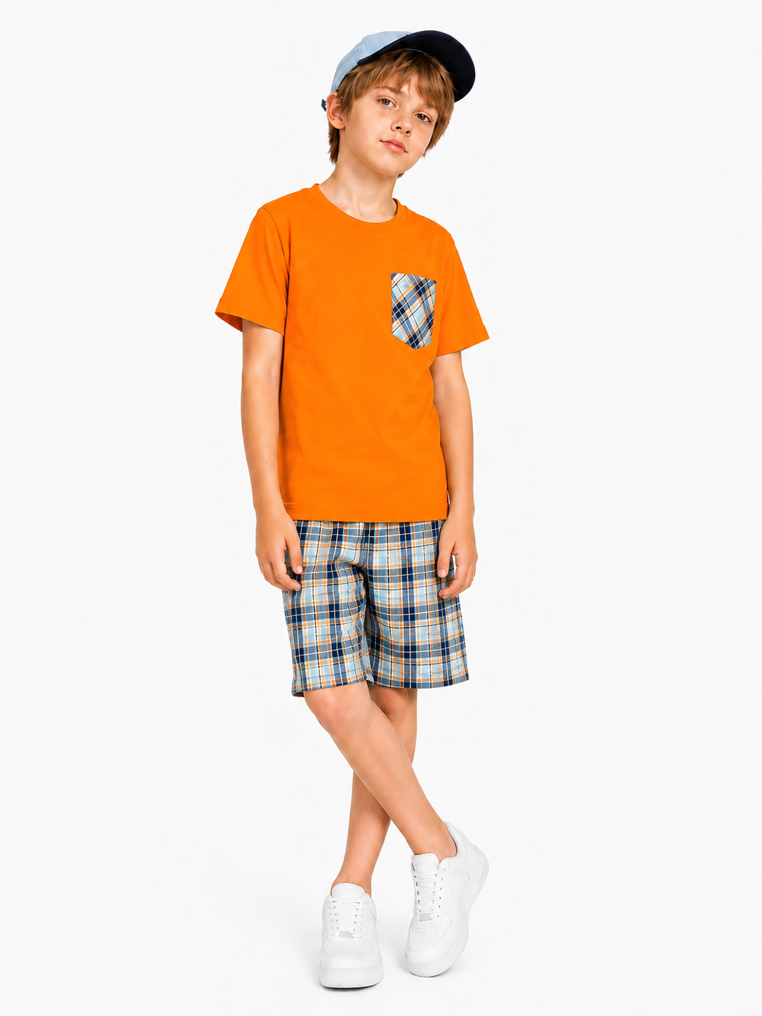 Navy & Orange   Check Pocket Orange  Cotton Boys Nicker 420