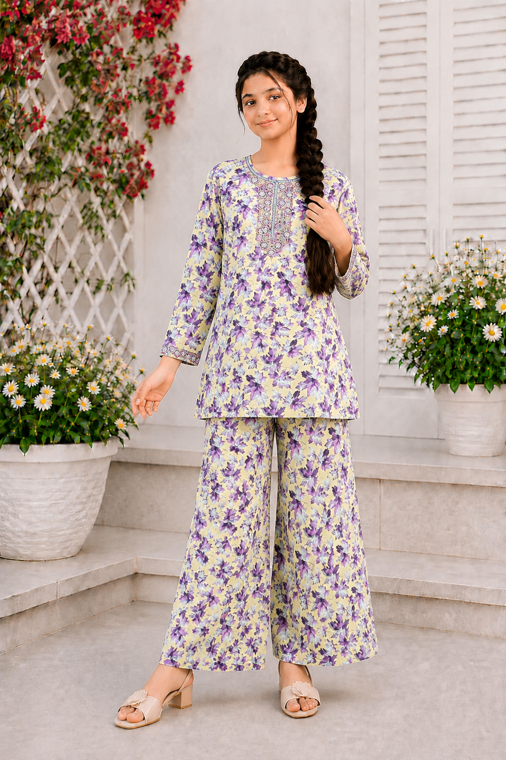 Rose Bloom Neckline Embroidered Purple  Girls’ Soft Lawn Suit