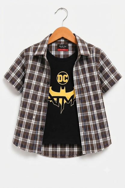 Batman Printed Brown Checked Layered Casual Shirt
