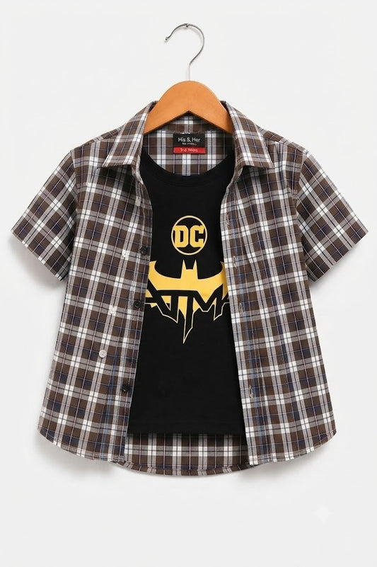 Batman Printed Brown Checked Layered Casual Shirt