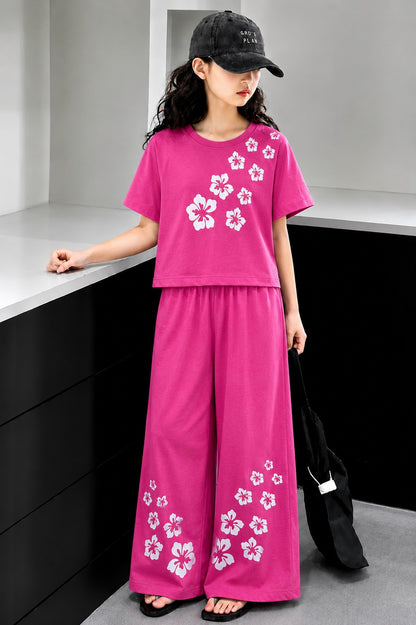 White Flowers Printed Pink   Half Selves Baggy Track Suit Girls 517
