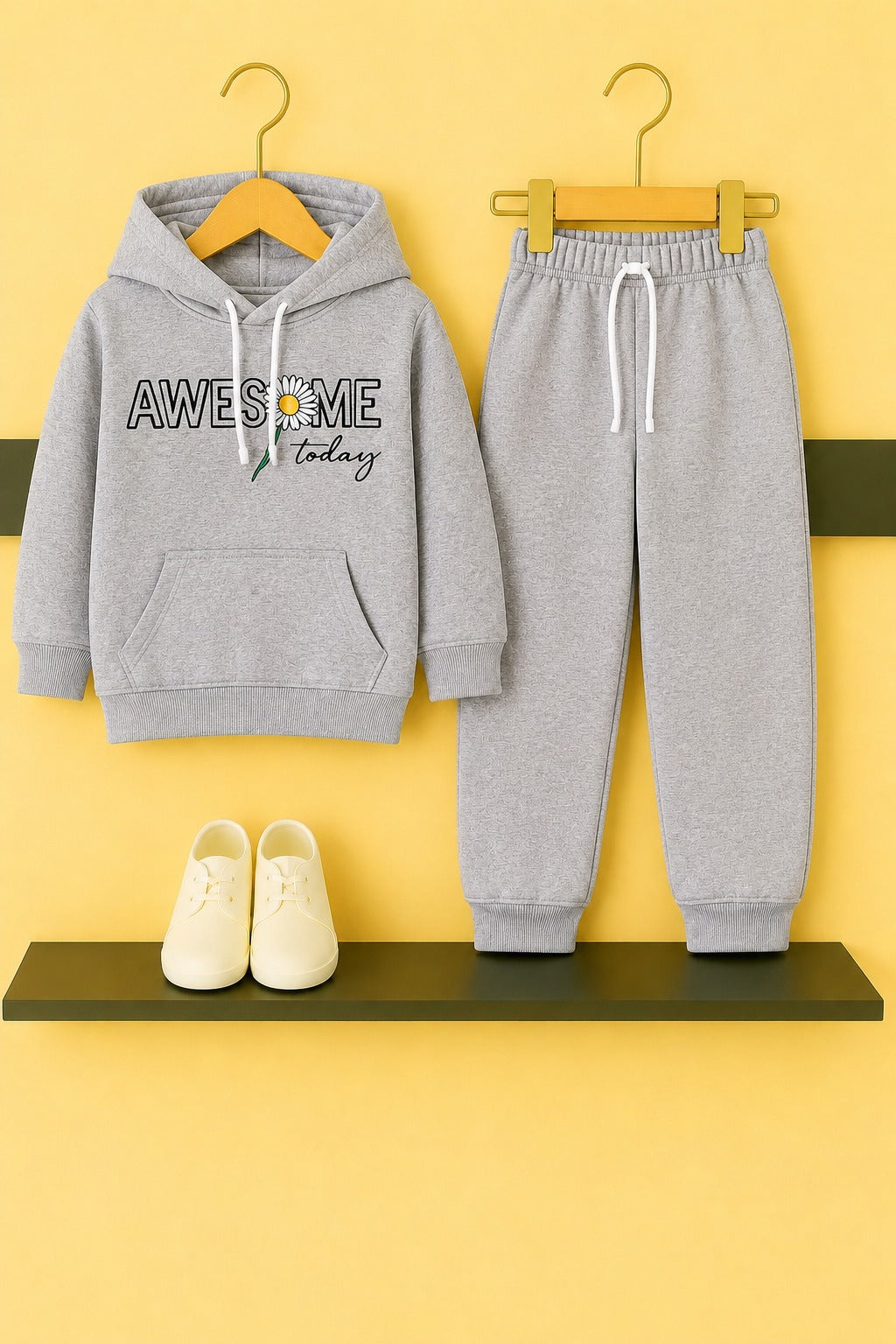 [Awesome ]Print Light grey   Fleece  Girls Hoodie Tracksuit 296