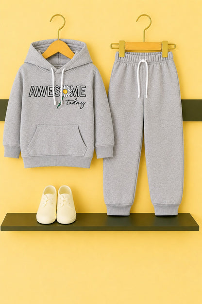 [Awesome ]Print Light grey   Fleece  Girls Hoodie Tracksuit 296