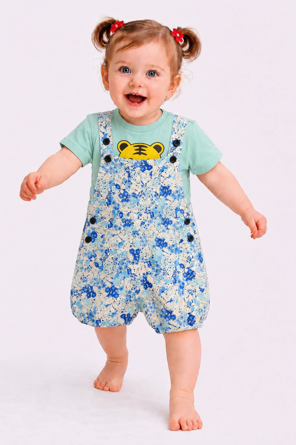 Flowers Printed Light Blue Girls Romper Set