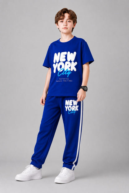 White [New York ] Printed Royal Blue T-Shirt &Trousers Boys